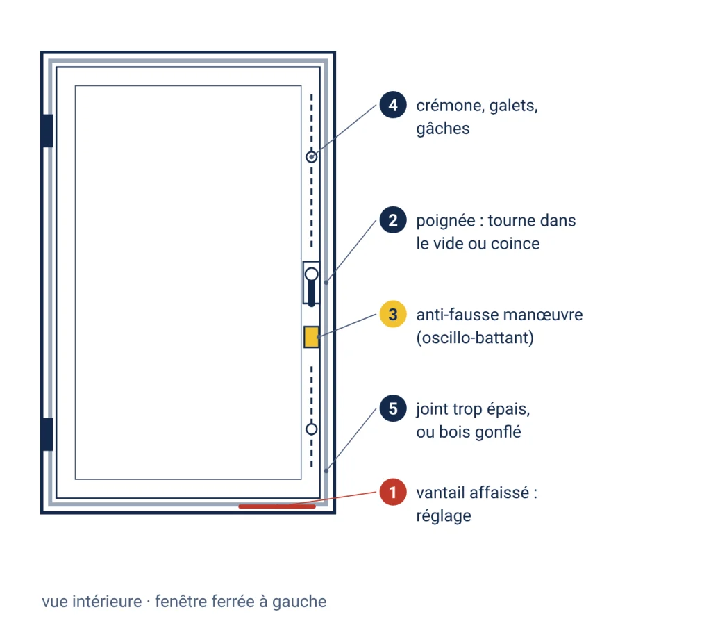 Fenêtre vue de l'intérieur avec cinq points numérotés à contrôler : l'angle bas côté poignée qui frotte, la poignée et son carré, l'anti-fausse manœuvre sur le chant du vantail, la crémone avec ses galets et gâches, et le joint sur le pourtour