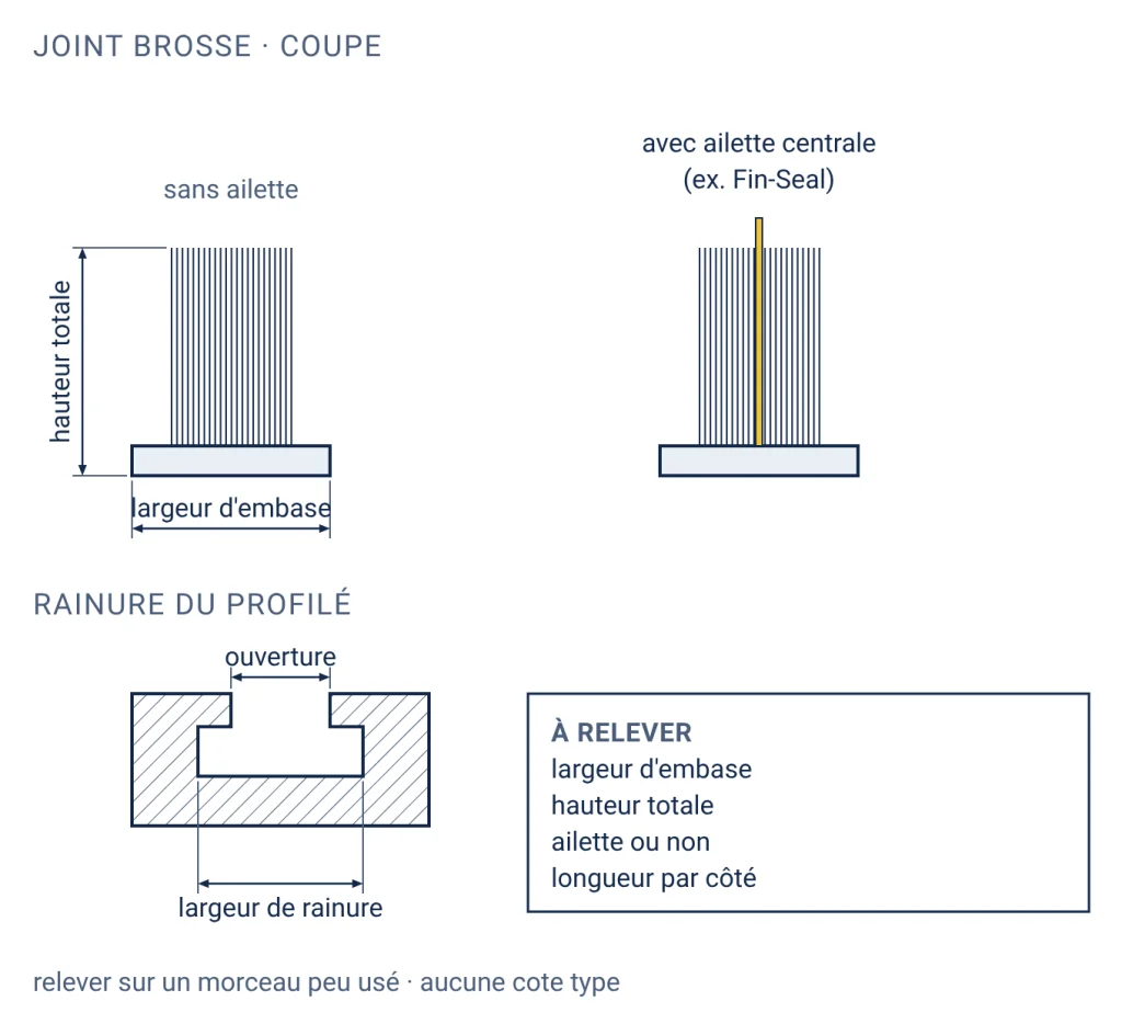 Coupe d'un joint brosse avec sa largeur d'embase et sa hauteur totale, une variante à ailette centrale, et la rainure du profilé qui la reçoit